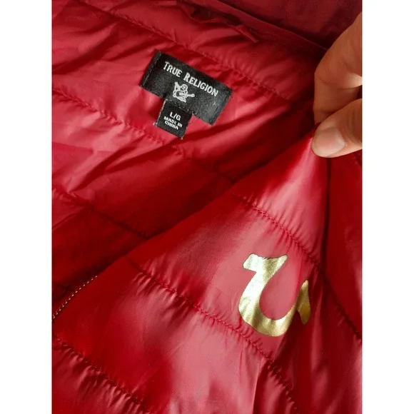 True Religion Mens Large Art Logo Full Zip Down Puffer Jacket Red Pure Polyester
